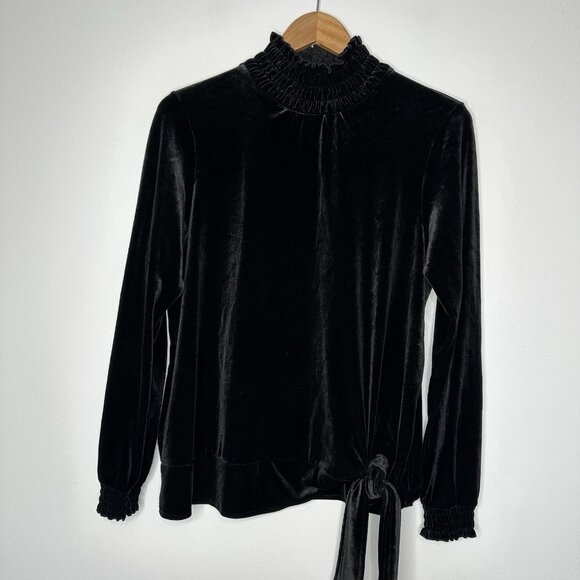J Jill Velvet Smocked Turtleneck Top Size M Black Side Tie Long Sleeve - Picture 1 of 11